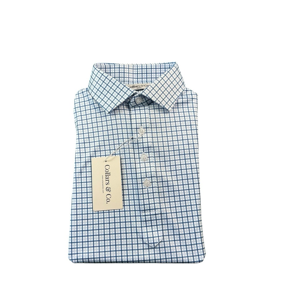 Collars & Co. Blue White Checked Men's Dress Collar Polo‎ Short Size S NWT